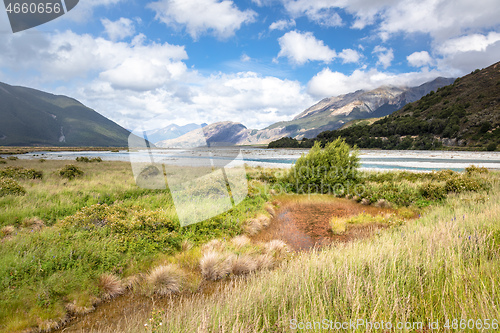 Image of riverbed landscape scenery Arthur\'s pass in south New Zealand