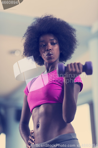 Image of woman working out in a crossfit gym with dumbbells