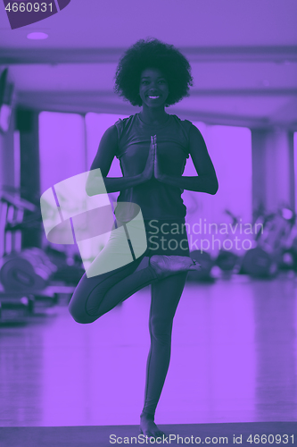 Image of african american woman exercise yoga in gym