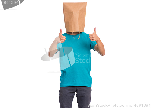 Image of Boy with paper bag over head