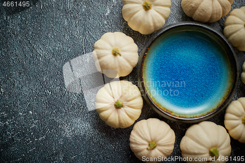 Image of Cute white Baby boo mini pumpkins placed in circle with blue ceramic bowl in the middle