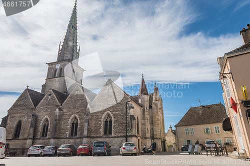 Image of MEURSAULT, BURGUNDY, FRANCE- JULY 9, 2020: Eglise Saint Nicolas Gothic Church in Meursault