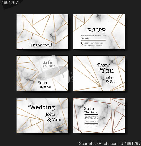 Image of Series of invitation wedding illustrations in art deco style. Geometric golden lines on marble background. Vector