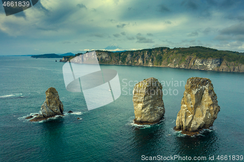 Image of Three brother rocks in Avacha bay