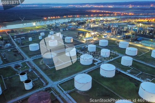 Image of oil petrol refinery tank aerial top view