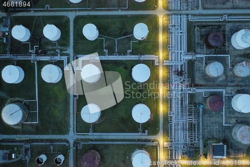 Image of oil petrol refinery tank aerial top view