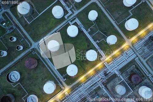 Image of oil petrol refinery tank aerial top view