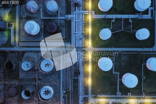 Image of oil petrol refinery tank aerial top view