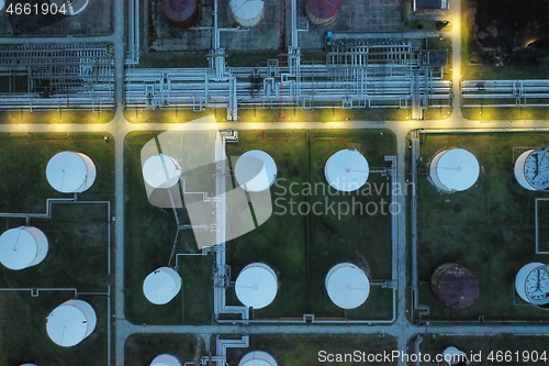 Image of oil petrol refinery tank aerial top view