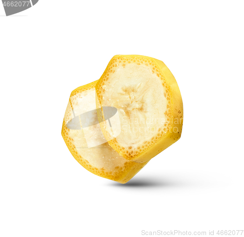 Image of Cut slices of natural ripe fresh banana fruit isolated on a white background.