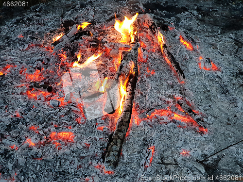 Image of Glowing embers of burning wood log fire