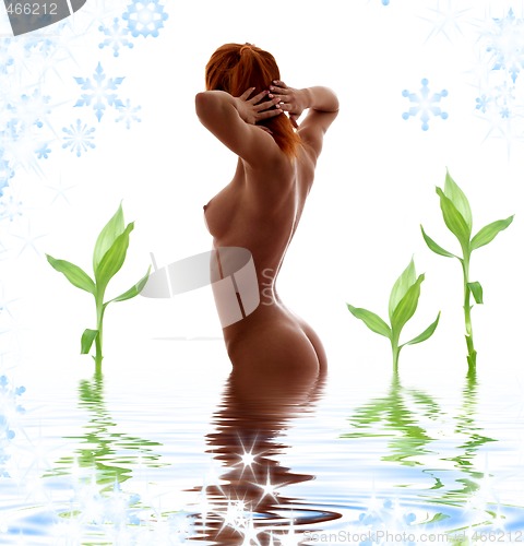 Image of redhead nude in water with green plants