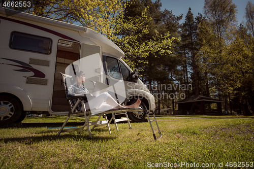 Image of Family vacation travel, holiday trip in motorhome RV