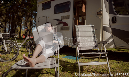 Image of Family vacation travel, holiday trip in motorhome RV