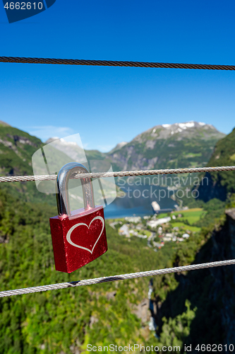 Image of Geiranger fjord view point Lookout observation deck, Norway.