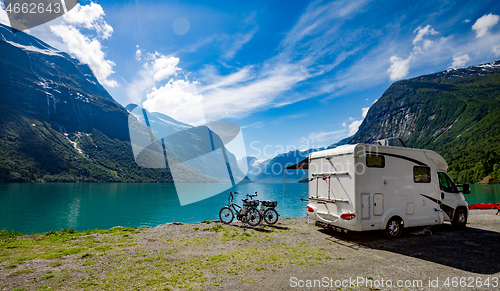 Image of Family vacation travel RV, holiday trip in motorhome