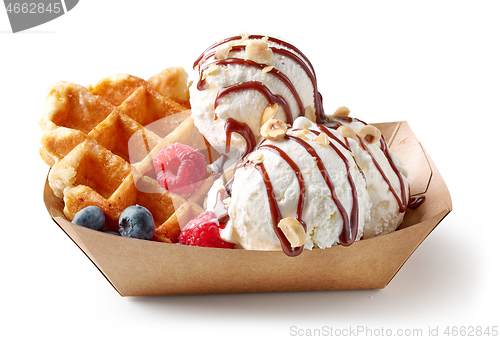 Image of belgian waffle with fresh berries and vanilla ice cream