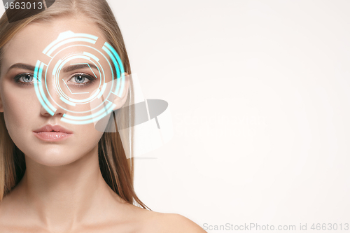 Image of Future woman with cyber technology eye panel, cyberspace interface, ophthalmology concept