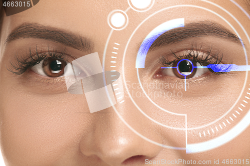 Image of Future woman with cyber technology eye panel, cyberspace interface, ophthalmology concept