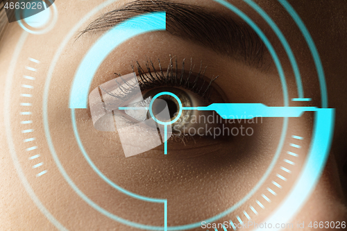 Image of Future woman with cyber technology eye panel, cyberspace interface, ophthalmology concept