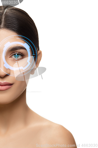 Image of Future woman with cyber technology eye panel, cyberspace interface, ophthalmology concept