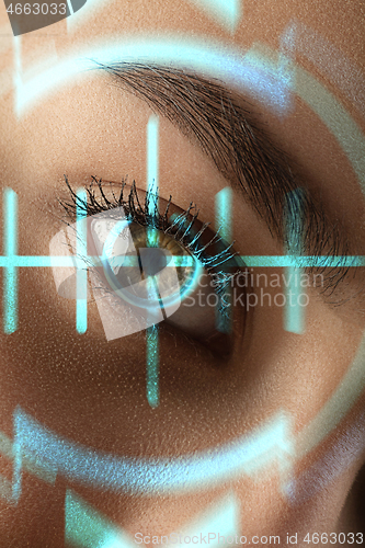 Image of Future woman with cyber technology eye panel, cyberspace interface, ophthalmology concept