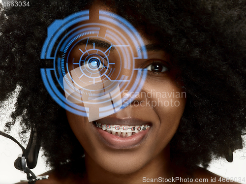 Image of Future woman with cyber technology eye panel, cyberspace interface, ophthalmology concept