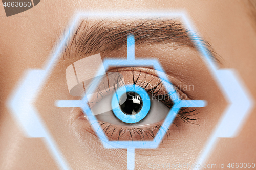 Image of Future woman with cyber technology eye panel, cyberspace interface, ophthalmology concept