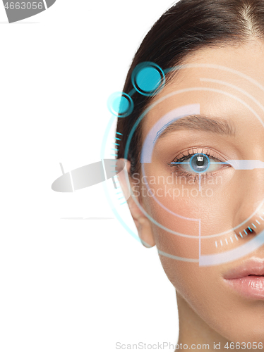 Image of Future woman with cyber technology eye panel, cyberspace interface, ophthalmology concept