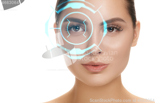 Image of Future woman with cyber technology eye panel, cyberspace interface, ophthalmology concept