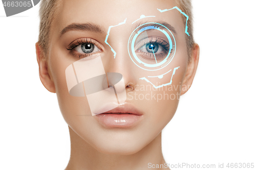 Image of Future woman with cyber technology eye panel, cyberspace interface, ophthalmology concept