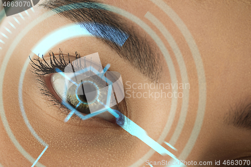 Image of Future woman with cyber technology eye panel, cyberspace interface, ophthalmology concept