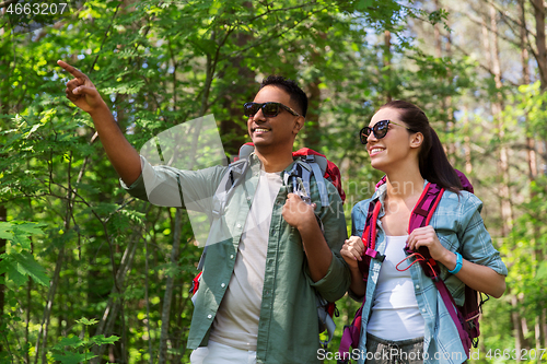 Image of mixed race couple with backpacks hiking in forest