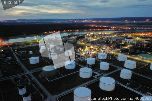 Image of oil petrol refinery tank aerial top view