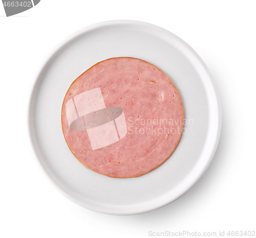 Image of slice of ham sausage on white plate