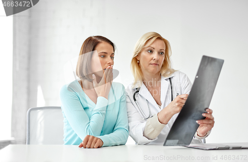 Image of doctor and sad woman patient with x-ray at clinic