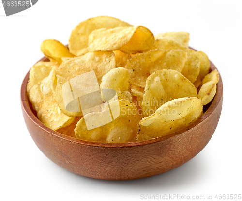 Image of potato chips in wooden bowl