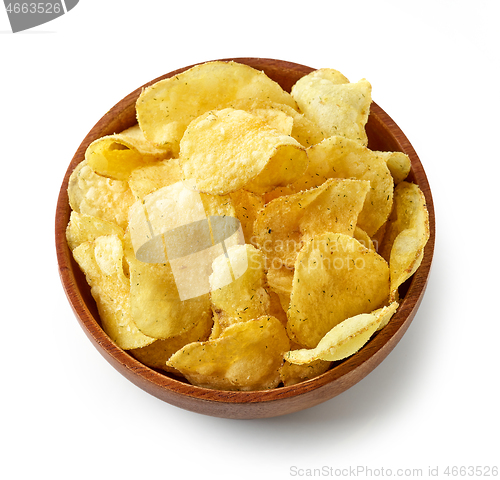 Image of potato chips in wooden bowl