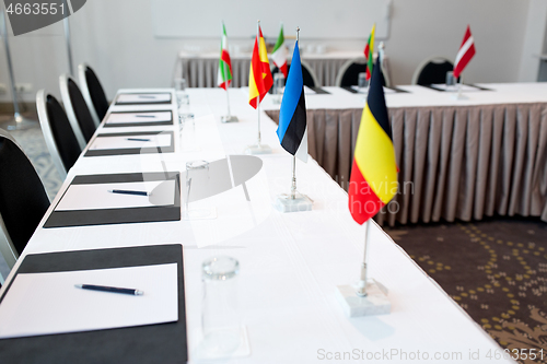 Image of table in boardroom at international conference