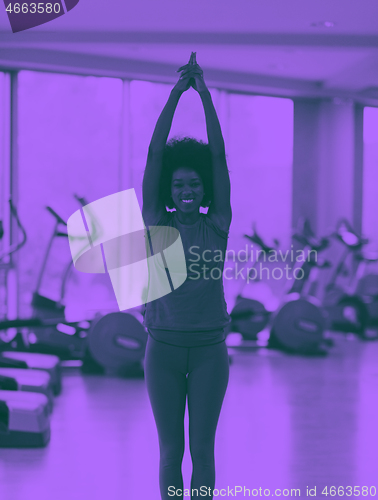 Image of african american woman exercise yoga in gym