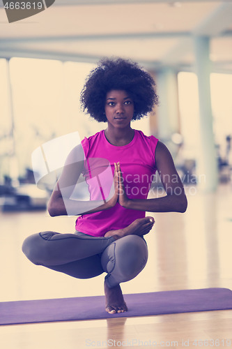 Image of african american woman exercise yoga in gym