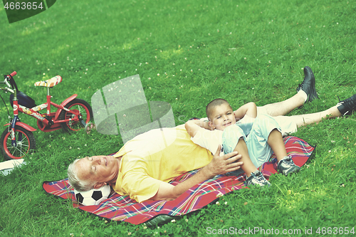 Image of grandfather and child in park using tablet