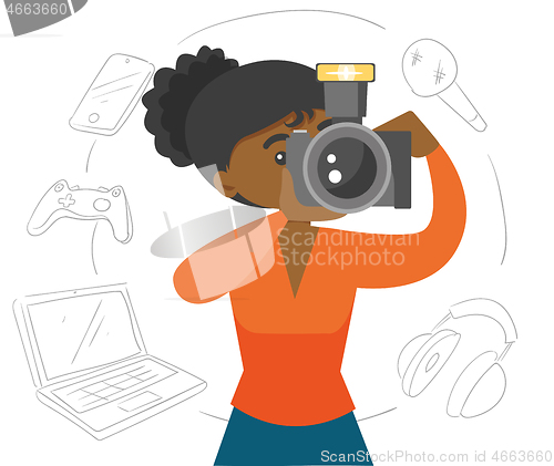 Image of Black woman making a photo with modern camera