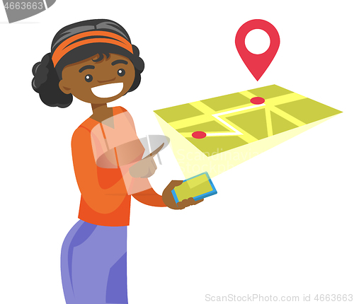 Image of A woman uses augmented reality on a smartphone to get directions.