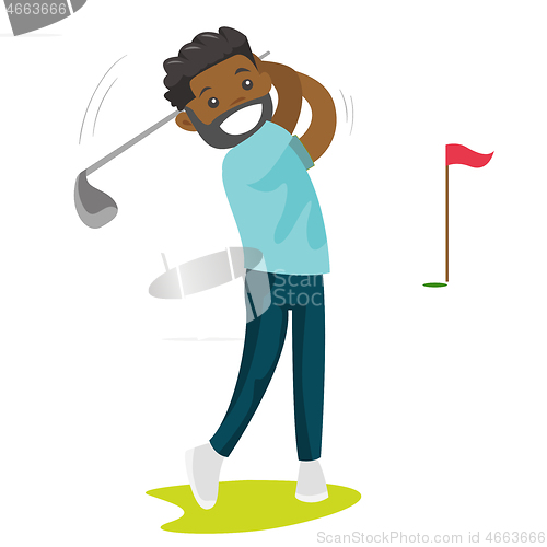 Image of Young black golfer hitting the ball.