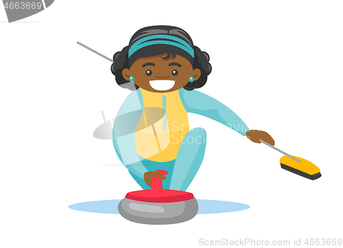 Image of Caucasian sportswoman playing curling on ice rink.