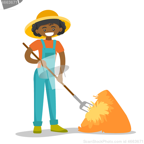 Image of A black happy woman with a pitchfork and a haystack.