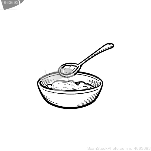 Image of Baby bowl and spoon hand drawn outline doodle icon.