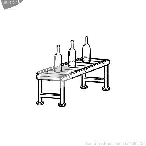 Image of Conveyor belt with bottles hand drawn outline doodle icon.