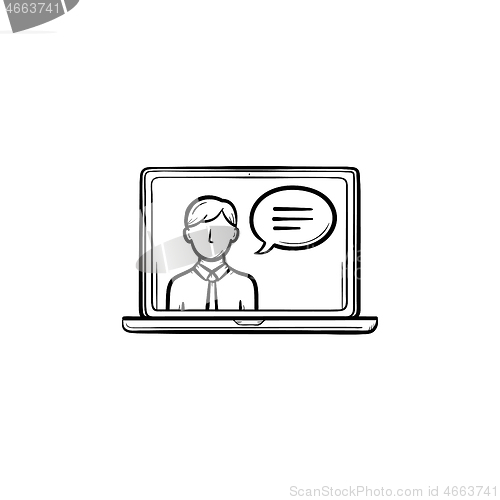 Image of Laptop display with video chat hand drawn outline doodle icon.